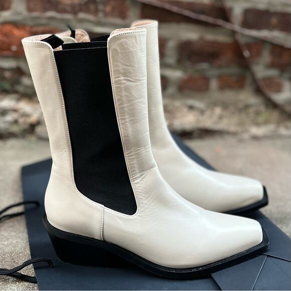NEW Size 6.5 Stuart Weitzman Miley Western Leather Mid Calf Boot in Cream/ Black - Picture 5 of 10